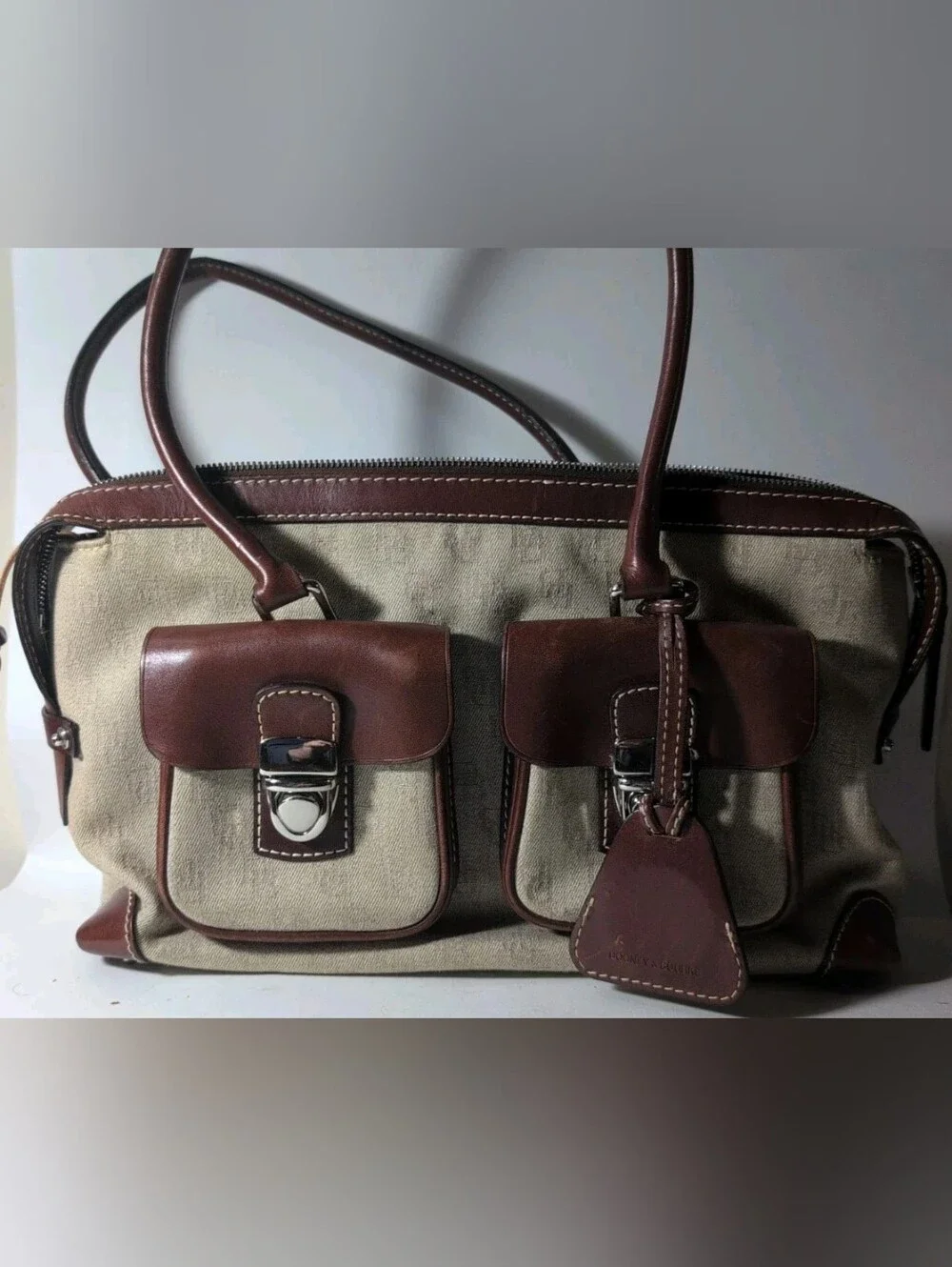 DOONEY & BOURKE Double Pocket Tote Shoulder Bag Signature Taupe Jacquard